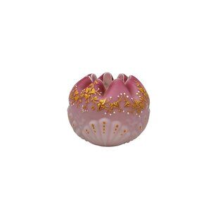 Antique Pink Satin Cased Glass Ruffle Rose Bowl Shell Painted Floral Accents